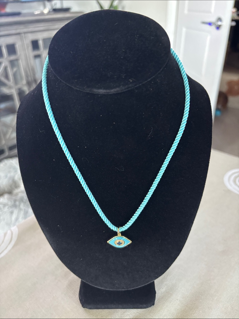 Turquoise Enamel Evil Eye Pendant on rope Necklace - Unbranded